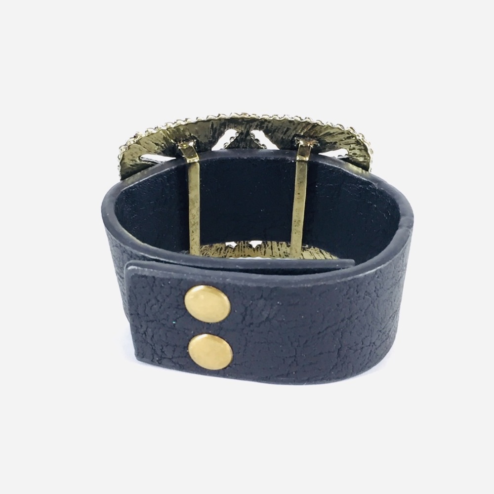 Black Faux Leather Bracelet Antiqued Gold Buckle - Picture 3 of 7